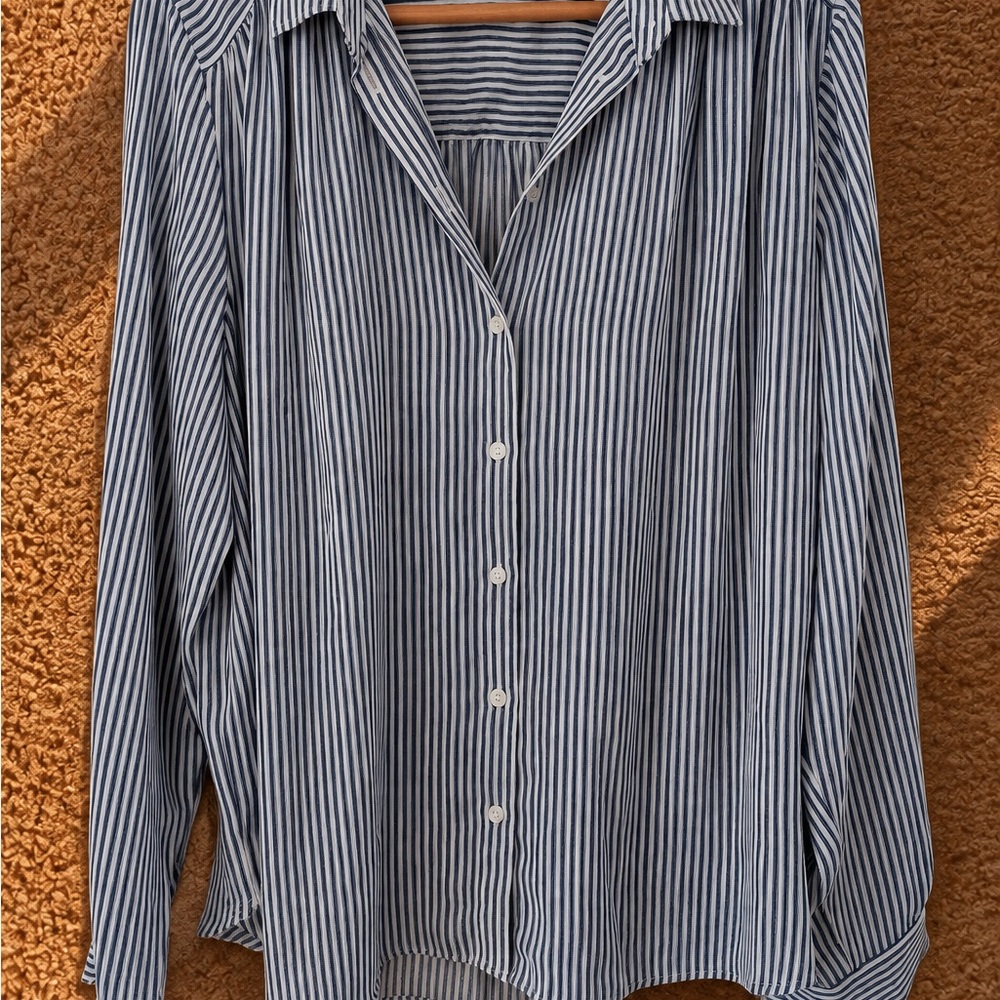 H&M Navy and White Vertical Stripe Button-Down Shirt